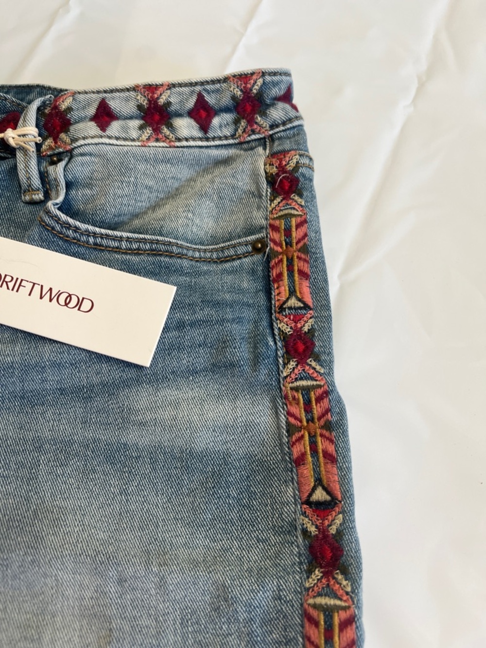 DRIFTWOOD Light Blue Denim Shorts with Red Embroidered Trim - Picture 5 of 15